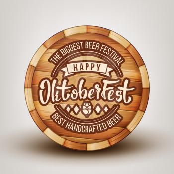 Wooden Barrel With Engraving Advertising Vector. Barrel With Invitation Text On Biggest Beer Festival For Tasty Best Handcrafted Alcoholic Drink. Happy Oktoberfest Front View Realistic 3d Illustration