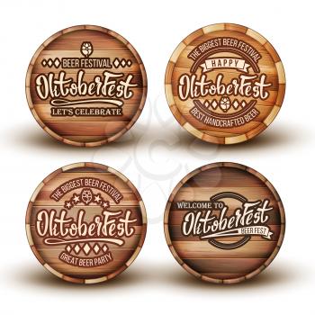 Calligraphy Text Advertising On Barrel Set Vector. Collection Of Different Promotion Invitation On Beer Festival Oktoberfest Engraving On Cover Of Wooden Barrel. Front View Realistic 3d Illustration