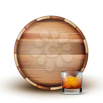 Blank Wooden Barrel And Glass Of Cognac Vector. Lying Brown Barrel And Glassware With Bronze And Cold Aged Alcoholic Beverage, Ice And Bubbles. Front View Template Realistic 3d Illustration
