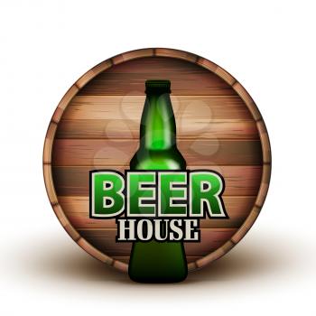 Bottle Of Beer And Wooden Barrel Banner Vector. Green Flask And Brown Liquid Container On Background Detail Of Advertising Poster Beer House. Bright Template Realistic 3d Illustration
