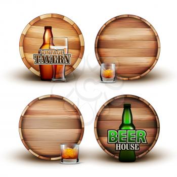 Wooden Barrel With Bottle And Glass Set Vector. Collection Of Different Element Brown Barrel, Color Flask And Cap With Alcoholic Drink For Advertising Poster. Front View Realistic 3d Illustration