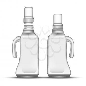 Blank Bleach Plastic Bottle With Handle Vector. Closed And Opened With Tall Cap Bottle For Soft Potash Dry Soap Or Wash Powder. Package For Laundry Detergent Realistic 3d Illustration