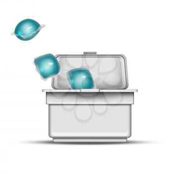 Cubes Of Washing Powder In Blank White Box Vector. Gel Cubes For Washing Dry Fabric Clothes In Automatic Laundry Machine In Box Package. Bleach Detergent Element Realistic 3d Illustration