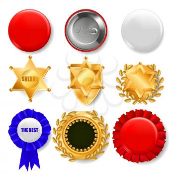 Badge Set Vector. Plastic And Golden Empty Button. Sale Symbol. Best Quality Product Emblem. Hexagonal. Sheriff, Pin Brooch, Retro, Vintage, Police, Sale Premium Badge Illustration