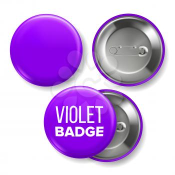 Violet Badge Mockup Vector. Pin Brooch Violet Button Blank. Two Sides. Front, Back View. Branding Design Realistic Illustration