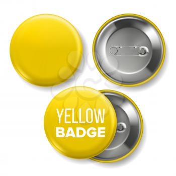 Yellow Badge Mockup Vector. Pin Brooch Yellow Button Blank. Two Sides. Front, Back View. Branding Design Realistic Illustration