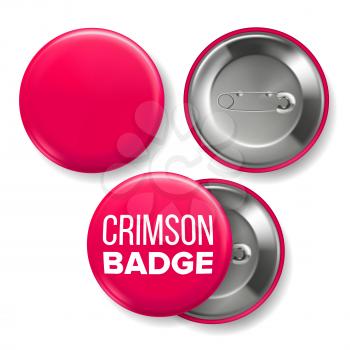 Crimson Badge Mockup Vector. Pin Brooch Crimson Button Blank. Two Sides. Front, Back View. Branding Design Realistic Illustration