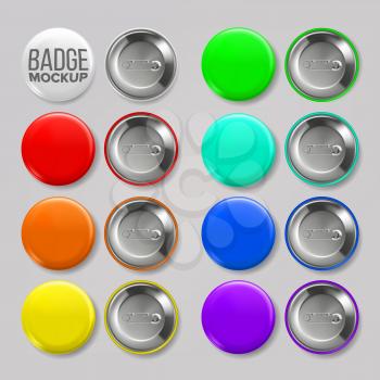 Badge Mockup Set Vector. Pin Brooch Button Blank. Two Sides. Promotion, Merchandise Item. Front, Back View. Round Souvenir. Branding Emblem Design 3D Realistic Illustration