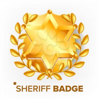 Sheriff Badge Vector. Golden Star. Officer Icon. Detective Insignia. 3D Realistic Illustration