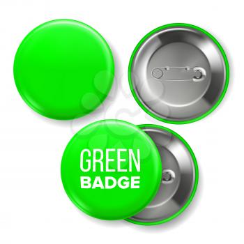 Green Badge Mockup Vector. Pin Brooch Green Button Blank. Two Sides. Front, Back View. Branding Design Realistic Illustration