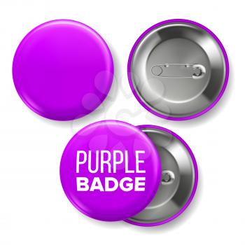 Purple Badge Mockup Vector. Pin Brooch Purple Button Blank. Two Sides. Front, Back View. Branding Design Realistic Illustration