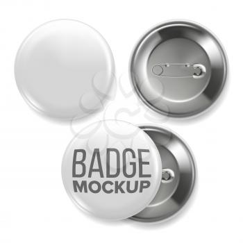 White Empty Badge Mockup Vector. Pin Brooch White Button Blank. Two Sides. Front, Back View. Branding Design Realistic Illustration