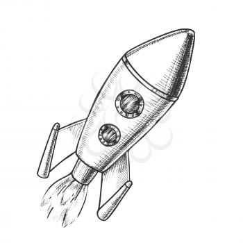 Space Exploring Launch Rocket Monochrome Vector. Flying Astronautic Transport Rocket For Explore Cosmos. Spaceship Galaxy Science Technology Designed In Retro Style Black And White Illustration