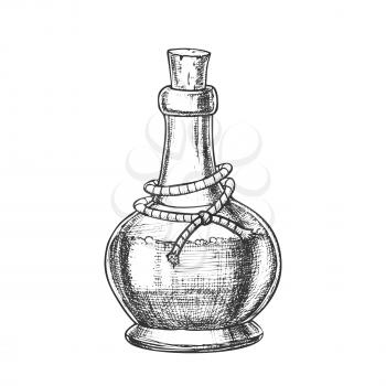 Poison Bottle With Cork Cap Monochrome Vector. Glass Bottle With Planted Yarn And Toxic Mixture. Poisonous Liquid In Flask Template Hand Drawn In Vintage Style Black And White Illustration