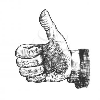 Male Hand Make Gesture Thumb Finger Up Vector. Businessman Showing Gesture Sign Like Good Emotion And Expression. Man Wrist Gesturing Signal Black And White Hand Drawn Closeup Cartoon Illustration