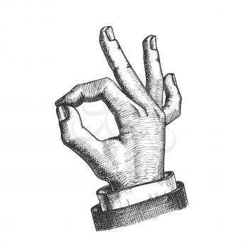 Hand Gesture Okay Ok Agree Approval Sign Vector. Man Arm Finger Gesture Showing Success Solution. Male Wrist Gesturing Successful Signal Black And White Designed Closeup Cartoon Illustration