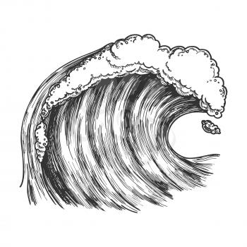 Rushing Foamy Tropical Ocean Marine Wave Vector. Dangerous Great Cool Standing Marine Surge Storm Tidal Stream Surf Water. Motion Aqua Tsunami Power And Weather Concept Monochrome Cartoon Illustration