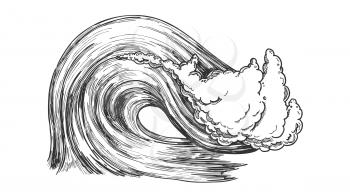 Breaking Atlantic Ocean Marine Wave Storm Vector. Great Giant Water Wave With Foam Underwater Earthquake Epicenter. Motion Nature Aquatic Tsunami Black And White Cartoon Illustration