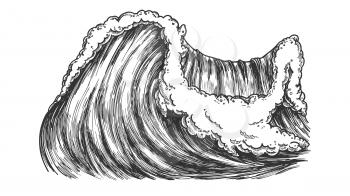 Breaking Pacific Ocean Marine Wave Storm Vector. Enormous Huge Water Wave With Foam Good Place For Extreme Sport Surfing. Nature Aquatic Tsunami Black And White Cartoon Illustration
