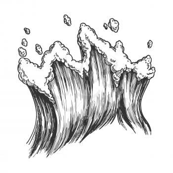 Rushing Tropical Sea Marine Wave With Drop Vector. Tall Foamy Marine Purl Wind Storm Tide Surf Water. Motion Nature Aquatic Tsunami Power Black And White Hand Drawn Cartoon Illustration