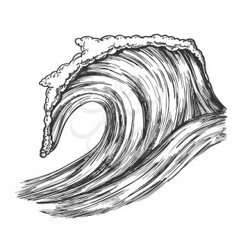Rushing Tropical Ocean Marine Wave Storm Vector. Foamy Water Marine Surge Dangerous Seascape Element Clean Breach. Motion Nature Aquatic Tsunami Black And White Hand Drawn Cartoon Illustration