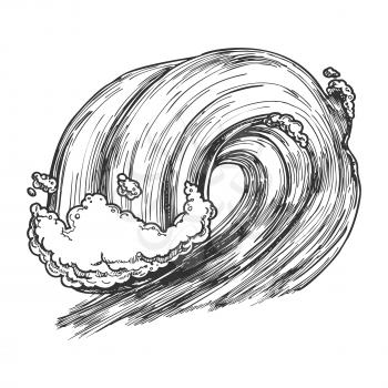 Breaking Tropical Sea Marine Wave Storm Vector. Giant Foamy Water Wave Tunnel For Coastline Extreme Activity Surfing. Motion Nature Aquatic Tsunami Monochrome Hand Drawn Cartoon Illustration