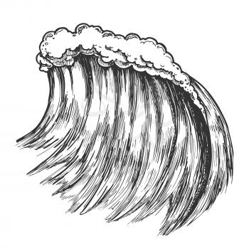Big Foamy Tropical Sea Marine Wave Storm Vector. Giant Water Wave Caused By Strong Wind Seascape Element. Motion Nature Aquatic Tsunami Black And White Hand Drawn Cartoon Illustration