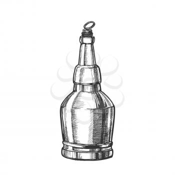 Hand Drawn Screw Cap Closed Bottle Of Beer Vector. Design Sketch Retro Bottle Of Alcoholic Drink Or Carbonated Water. Concept Monochrome Glass Container And Ring On Top Template Cartoon Illustration