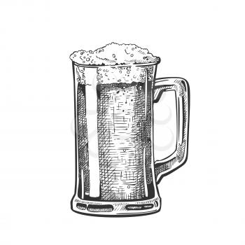 Hand Drawn Mug With Froth Bubble Beer Drink Vector. Full Mug With Handle And Alcoholic Fresh Cold Brewery Liquid Light Ale. Closeup Monochrome Black And White Template Cartoon Illustration