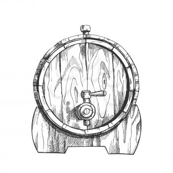 Beer Drawn Wooden Oak Barrel Front View Vector. Lying On Wooden Stand Classical Barrel With Metal Rings For Production And Storage Drink With Tap. Container Of Factory Monochrome Illustration