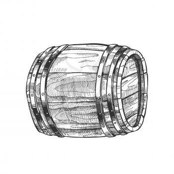 Drawn Lying Vintage Wooden Barrel Side View Vector. Monochrome Standard Barrel For Making, Storage And Shipping Alcoholic Beverage Rum Production. Closeup Black And White Cartoon Illustration