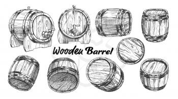 Vintage Wooden Barrel In Different Side Set Vector. Collection Of Barrel For Production, Storaging And Shipping Alcoholic Drinks. Monochrome Equipment Object For Liquid Cartoon Illustration
