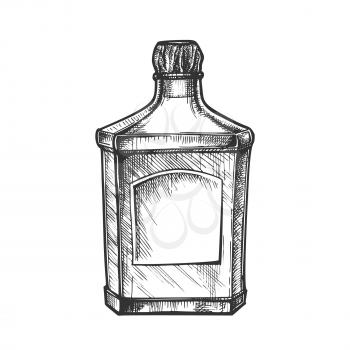 Square Classic Tequila Bottle With Cork Cap Vector. Vintage Glass Bottle With Blank Label For Classical Mexican Alcohol Drink. Drawn Container Agave Strong Beverage Cartoon Illustration