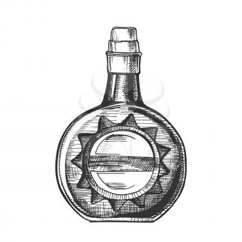 Circle Whisky Bottle With Stylish Cork Cap Vector. Black and White Design Sketch Bottle Of Alcoholic England Beverage. Concept Monochrome Modern Flask With Blank Label in Sun Form Cartoon Illustration