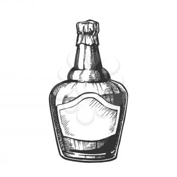 Blown Scotch Whisky Bottle With Foil Cap Vector. Simple Hand Drawn Sketch Bottle Of Classical England Alcoholic Beverage. Monochrome Mockup Old Glass Container With Blank Label Cartoon Illustration