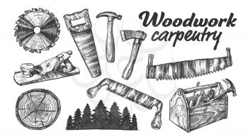 Woodwork Carpentry Collection Equipment Set Vector. Hand Saw And Circular Blade, Wooden Slab And Forest, Tree Cross Section And Planer Tool, Hammer And Ax Carpentry Tools. Cartoon Illustration