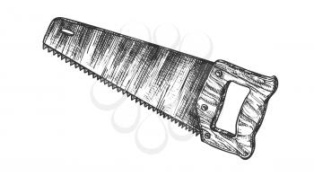 Hand Saw Woodworker Instrument Closeup Vector. Saw Equipment For Cutting Wood. Handyman Manual Toothed Tool For Repair And Construct Drawn In Retro Style Monochrome Cartoon Illustration