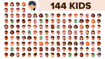 Kids Avatar Set Vector. Multi Racial. Face Emotions. Multinational User People Portrait. Male, Female. Ethnic. Icon. Asian African European Arab Flat Illustration