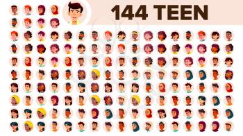 Teenager Avatar Set Vector. Multi Racial. Face Emotions. Multinational User People Portrait. Male, Female. Ethnic. Icon. Asian African European Arab Flat Illustration