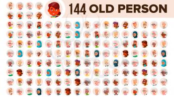 Old People Avatar Set Vector. Multi Racial. Face Emotions. Multinational User Person Portrait. Elderly Male, Female. Ethnic. Icon. Asian, African European Arab Illustration