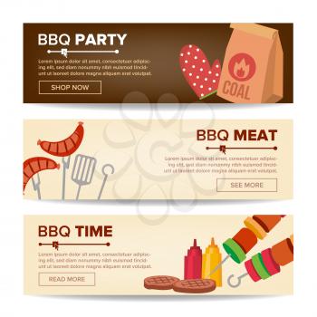 BBQ Horizontal Promo Banners Vector. Barbecue Web Background. Grilled Meat Assortment. Grilled Steak, Sausages, Vegetables. Isolated