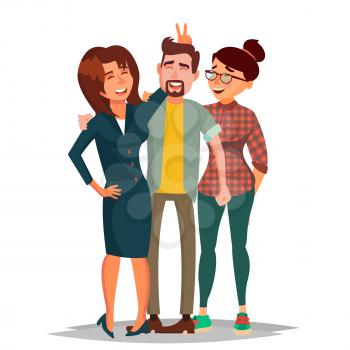 Friends Taking Photo Vector. Laughing People Group, Office Colleagues. Creative Man And Women. Friendship Concept. Isolated Illustration