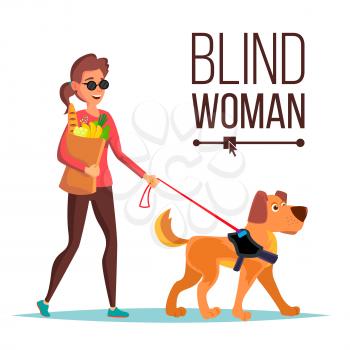 Blind Woman Vector. Person With Pet Dog Companion. Blind Female In Dark Glasses And Guide Dog Walking. Cartoon Character Illustration