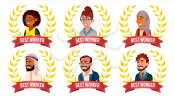 Best Worker Employee Set Vector. Man, Woman. Arab, Turkish, European, Afro American. Award Of The Year. Gold Wreath. The Most Great Results. Smiling Leader Business Illustration