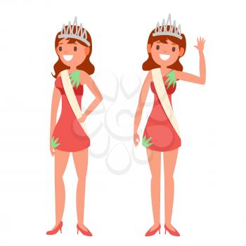 Beauty Pageant Vector. Woman On Beauty Pageant. Queen Smiling. Isolated Flat Cartoon Illustration
