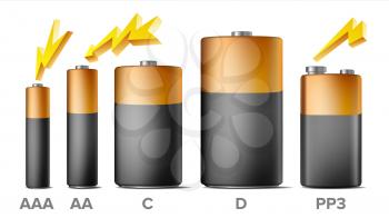 Alkaline Batteries Mock Up Set Vector. Different Types AAA, AA, C, D, PP3, 9 Volt. Standard Modern Realistic Battery. Black Yellow Template. Isolated Illustration