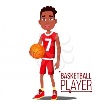 Basketball Player Child Vector. Afro American, Black. Athlete In Uniform With Ball. Healthy Lifestyle. Isolated Cartoon Illustration