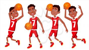 Basketball Player Child Set Vector. Different Poses. Leads The Ball. Sport Game Competition. Sport. Isolated Flat Cartoon Illustration