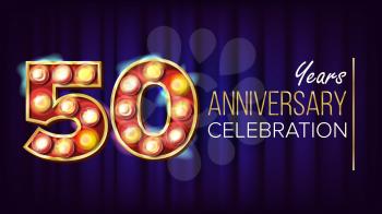 50 Years Anniversary Banner Vector. Fifty, Fiftieth Celebration. Lamp Background Digits. For Happy Birthday Luxurious Advertising Design. Retro Background Illustration