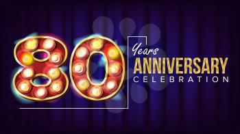 80 Years Anniversary Banner Vector. Eighty-eight, Eight Celebration. Lamp Background Digits. For Congratulation Postcards, Flyers, Gift Cards Advertising Design. Blue Background Illustration